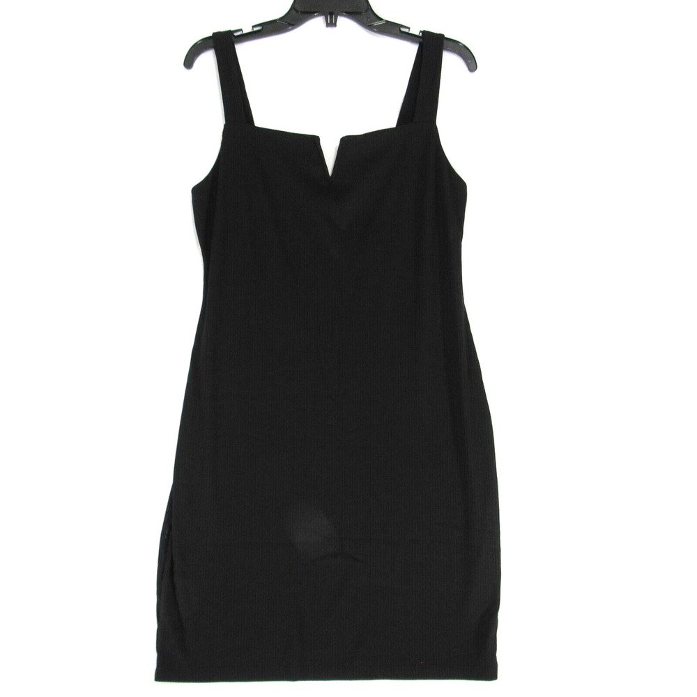 Good Luck Gem Black Ribbed Knit Bodycon Square Neck V Slit Dress Women's Size L - Picture 1 of 10